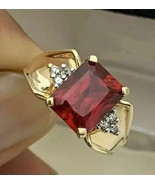 4Ct Emerald Cut Simulated Red Garnet Engagement Ring 14K Yellow Gold Plated - £65.92 GBP