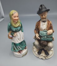 Vintage Porcelain / Bisque Figurine Elderly Man On Bench And Women Holding Baskt - $17.20
