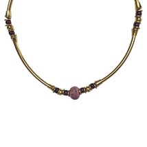 Vintage Handmade Boho Gold Tone Metal Necklace Purple Floral Beads Jewelry - $25.53