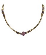 Vintage Handmade Boho Gold Tone Metal Necklace Purple Floral Beads Jewelry - $25.53