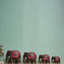 Natural Harmony: Handcrafted Set of 4 Wooden Coral Elephant Statuettes - £179.83 GBP