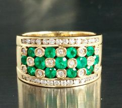 1.85Ct Round Cut Emerald &amp; VVS1 Diamond Cluster Ring Band 14k Yellow Gold Over - £89.95 GBP