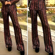 Nwt Zara High Waist COPPER/BLACK Stripe Sequinned Flared Trousers S - £55.94 GBP