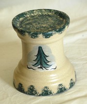 Stoneware Folk Art Candle Holder Green Spongeware Pine Trees Country Craft S - £15.78 GBP