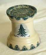 Stoneware Folk Art Candle Holder Green Spongeware Pine Trees Country Cra... - £15.52 GBP