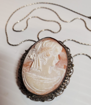 Vintage Carved Shell Cameo Lady Portrait on Sterling Silver 20&quot; Chain Necklace - £43.34 GBP