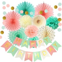 Mint Peach Birthday Party Decorations Mint Green Cream Pink Paper Fans Happy Bir - £28.78 GBP