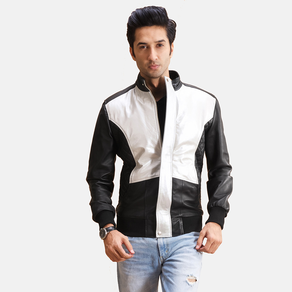 LE Spade Silver Black Leather Bomber Jacket