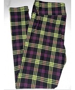 NWT LuLaRoe TC (12-18) Black Neon Green Orange Hot Pink Plaid Leggings - $24.74