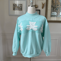 Vintage 80s Fashion Force Mint Green Teddy Bear Mock Neck Sweatshirt S - $34.20