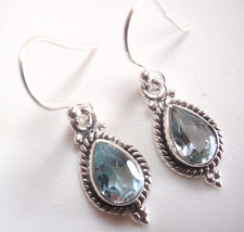 Small Faceted Blue Topaz Teardrop 925 Sterling Silver Dangle Earrings Pear Shape - £12.26 GBP