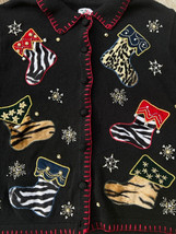 Vintage Nutcracker Animal Print Stockings Black Ugly Christmas Holiday Sweater L - £9.00 GBP
