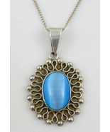 BLUE Oval Cat&#39;s Eye Moon glow PENDANT in Sterling Silver and NECKLACE - ... - $55.00