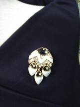 Vintage Golden Pin Brooch Enamel Black & White School Of Fish W/ Rhinestones - $28.00