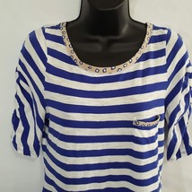 Anthropologie Postmark Women&#39;s T Shirt M Blue White Stripes Short Sleeves - £8.90 GBP