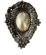 Vintage Faux Pearl Dress Clip Ornate Filigree Floral Silver Tone Sweater... - $25.20