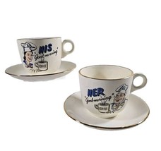 Retro His &amp; Her Good Morning Coffee Cups Mugs and Saucers Set Gold Trim Ceramic - £11.18 GBP