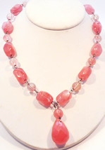 Handmade Vintage Pink Rose Quartz Sterling Silver Y Beaded Necklace Artistic  - £158.07 GBP