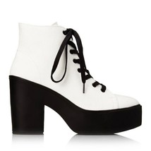 Forever21 White Canvas Black Platform Lace Up Ankle Boots 6-6.5 Deadstock - $35.53