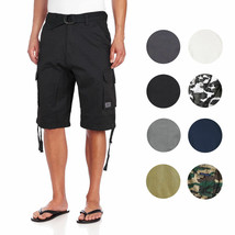 Men&#39;s Premium Cotton Twill Slim Fit Cargo Camo Shorts With Woven Belt - £27.36 GBP