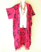 CD527 Hibiscus Batik Kimono Batwing Cardigan Duster Open Plus Hippy Jack... - $29.90