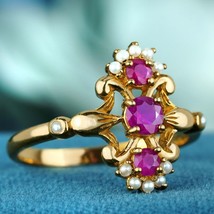 Natural Ruby and Pearl Vintage Style Three Stone Ring in Solid 9K Gold - £435.85 GBP