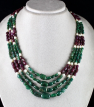 Antique Natural Ruby Emerald Pearl Beads 4 L 550 Cts Finest Gemstone Necklace - £1,423.58 GBP