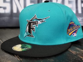 New Era 5950 Florida Marlins Retro Aqua Blue/Black 1997 World Series Fitted Hat - £36.08 GBP