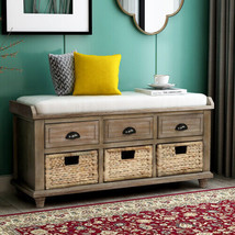 Rustic Storage Bench with 3 Drawers and 3 Rattan Baskets, Shoe Bench, White - £256.52 GBP