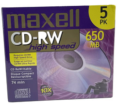 Maxell CD-RW High Speed Discs, 650MB, 4X - 10X, 5 Pack, New, Sealed - £7.43 GBP