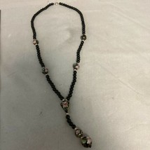 VTG BLACK GLASS BEADS W/ ACCENT BLK INLAID FLORAL BEADS 17” STRAND NECKLACE - £19.74 GBP