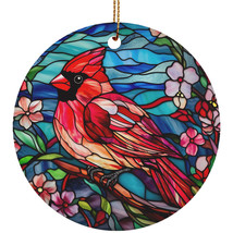 Red Cardinal Bird Stained Glass Art Flower Wreath Colors Ornament Christmas Gift - £11.93 GBP
