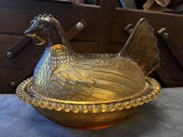 Vintage Indiana Glass Amber Glass Hen on Nest Covered Chicken Candy Dish 7&quot; - £19.82 GBP