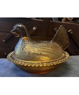 Vintage Indiana Glass Amber Glass Hen on Nest Covered Chicken Candy Dish 7&quot; - £19.46 GBP