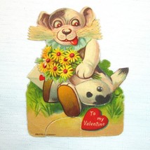 Vintage Valentine Card Mechanical Puppy Dog w/ Flowers Stand Up Germany 1920-30s - £24.04 GBP