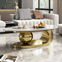 Modern Oval Stone Coffee Table with Abstract Gold Metal Base - Perfect C... - $1,149.32