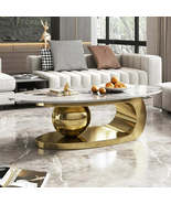 Modern Oval Stone Coffee Table with Abstract Gold Metal Base - Perfect C... - $1,149.32