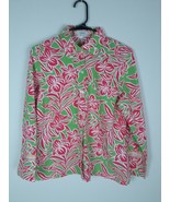 IZOD Stretch Pink Green Floral Cuffed Button Up Blouse Size L - $410.56 MXN