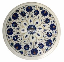 15&quot; White Marble Round Side Table Top Real Lapis Gemstone Inlay Mosaic Art Decor - £498.58 GBP