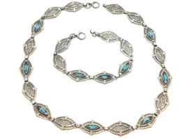 Sterling Filigree Necklace &amp; Matching Bracelet Set Marquise Blue Stone A... - £219.76 GBP