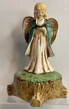 Vintage Angel With Bookon Tree Stump WIND-UP Music Box Plays Silent Night - £14.65 GBP