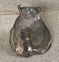 Vintage Kitsch Rustic Primitive Art Pottery Fat Cat Bell Chonk Kitty Green Eyes - £39.56 GBP
