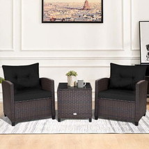 3 Pcs Patio Rattan Furniture Set Cushioned Conversation Set Coffee Table -Black - £229.83 GBP