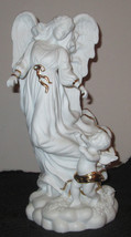 Vintage 12&quot; tall Porcelain Angel Figurine with small Boy Angel Gold Trim - £69.25 GBP