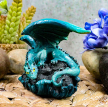 Ebros Small Aqua Blue Whimsical Dragon On Ocean Rock Statue 3.75&quot;Long Fantasy - £14.97 GBP