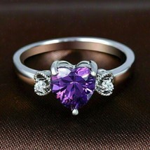 2.50 Ct Heart Simulated Amethyst 14k White Gold Plated Engagement 3-Stone Ring - £98.91 GBP