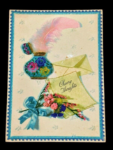 1950s Ephemera CHEERY THOUGHTS Card Pink Feathered Ink Pen Inkwell Vinta... - $3.88