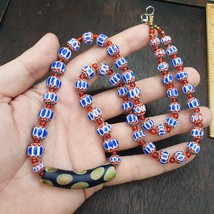 Beautiful Blue chevron and Black Floral glass pendant beaded necklace Gift - $41.40