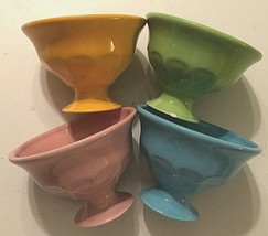 Set of 4 Ceramic Orange Green Pink Blue Cereal Dessert Glossy Stem Bowl - $16.73