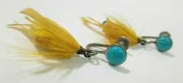 Vintage Turquoise (Untested) &amp; Yellow Feather Screwback Earrings Southwest? - £15.23 GBP